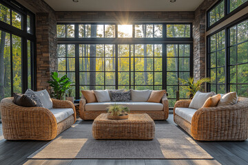 Jardin d’Hiver Contemporain avec Grandes Fenêtres en Verre, Sièges Confortables, Plantes Luxuriantes et Lumière Naturelle Douce, Ambiance Lumineuse et Relaxante