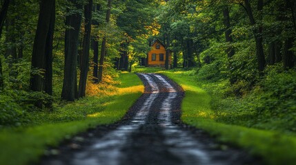 Obraz premium Secluded cabin at the end of a forest road.
