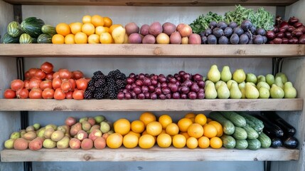 A vibrant display of fresh vegetables arranged in a rainbow pattern, featuring tomatoes, zucchini, broccoli, kale, and greens.
