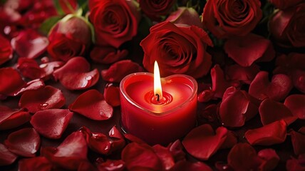 Romantic Candlelit Still Life with Red Rose Petals and Warm Glow.