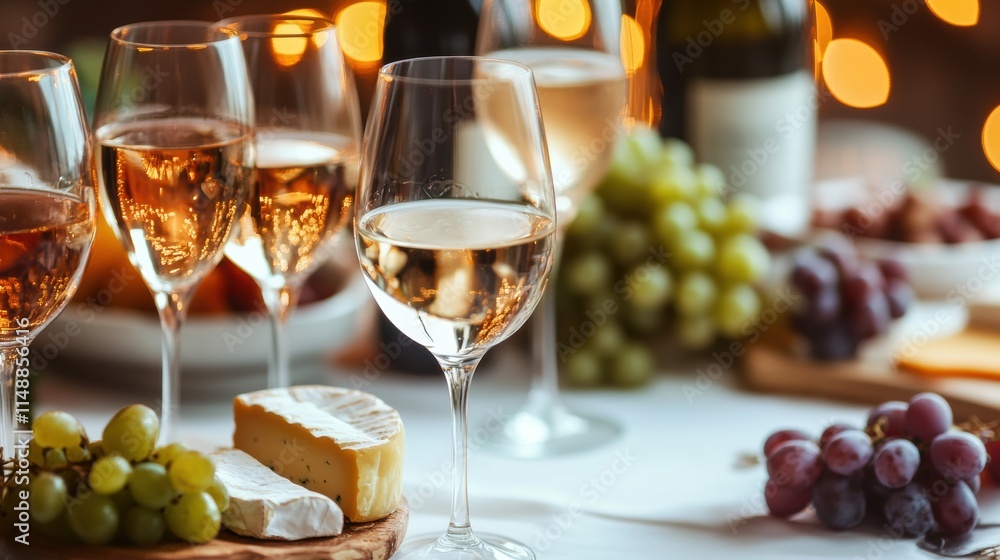 Poster elegant table setting with wine glasses, cheese platter, and fresh grapes for a festive gathering. g