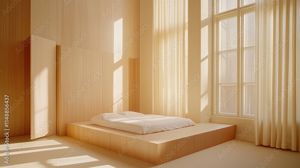 Poster serene minimalist bedroom design with natural light and wooden elements creating a calming atmospher