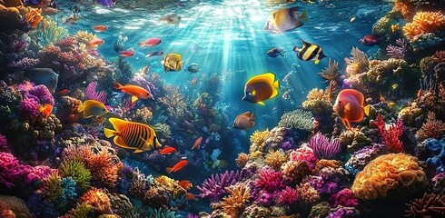 Fototapeta premium A vibrant coral reef teeming with colorful fish, sunlit and shimmering under the sea surface.