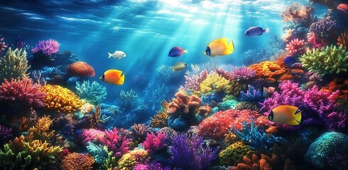 Naklejka premium A vibrant coral reef teeming with colorful fish, sunlit and shimmering under the sea surface.