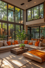 Fototapeta premium Jardin d’Hiver Contemporain avec Grandes Fenêtres en Verre, Sièges Confortables, Plantes Luxuriantes et Lumière Naturelle Douce, Ambiance Lumineuse et Relaxante