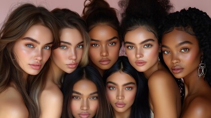 Fototapeta premium Eight young women pose together in studio. Diverse group with various skin tones. Wear minimal makeup. Long dark hair. Direct eye contact with camera. Pink background. Beauty concept photo. Beauty,