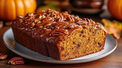 Sliced pumpkin bread with pecans and caramel.