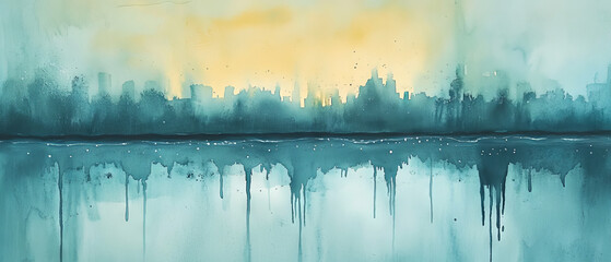 serene watercolor painting depicting city skyline reflected on water, with soft hues of blue and yellow creating tranquil atmosphere