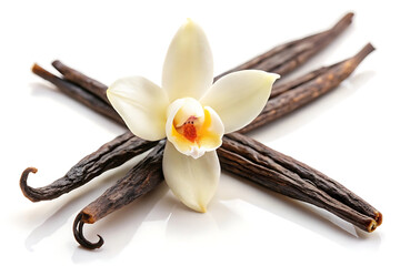 vanilla pods and orchid flower white background