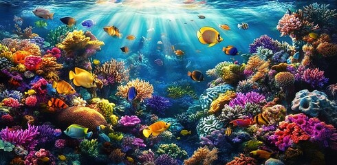 Naklejka premium A vibrant coral reef teeming with colorful fish, sunlit and shimmering under the sea surface.