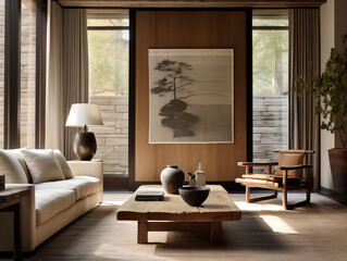 Neutral japandi and wabi sabi style living room with grey stucco walls, light couch and rustic wood coffee table and large artwork on the wall