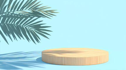 A wooden podium standing on a light blue backdrop with the dappled shadow of a palm frond falling across the surface. Frond. Illustration