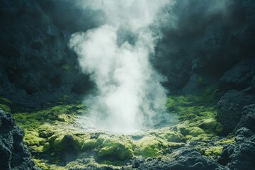 Obraz premium A steaming geothermal vent in a rocky volcanic landscape surrounded by green moss, showcasing geothermal energy in nature