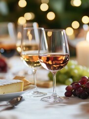 Naklejka premium Romantic dining table with wine glasses, cheese platter, and grapes set for an elegant evening gathering. Generative AI