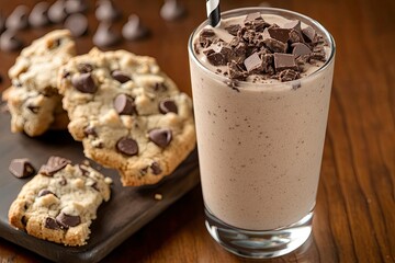 Chocolate milkshake with pieces of chocolate chip cookies. 