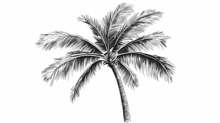 Black and white illustration of a single palm tree. Frond. Illustration