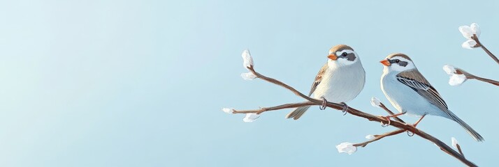 Spring Birds on Branch - Two birds perched on a blossoming branch, symbolizing spring, new beginnings, nature, peace, and tranquility.