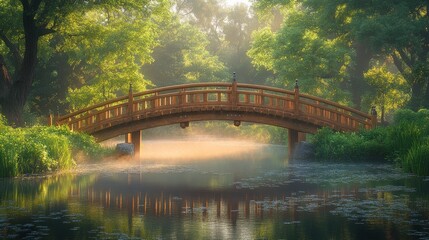Serene morning mist shrouds wooden bridge over tranquil pond in lush green garden.