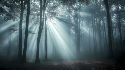 Light rays shining through a misty forest, creating an ethereal atmosphere
