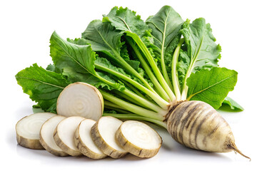 Whole and sliced sugar beets with green leaves with white