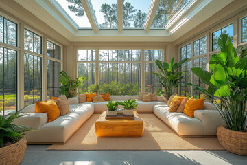 Jardin d’Hiver Contemporain avec Grandes Fenêtres en Verre, Sièges Confortables, Plantes Luxuriantes et Lumière Naturelle Douce, Ambiance Lumineuse et Relaxante