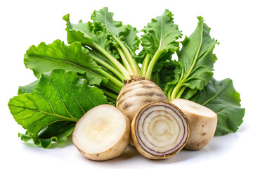 Fresh whole and sliced sugar beets vegetables isolated on white background