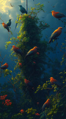 Fototapeta premium Vibrant Birds Perched on Lush Wind Turbine Amidst Scenic Landscape at Dawn