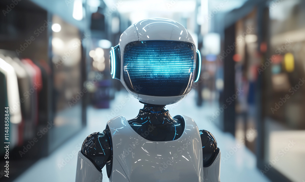 Poster a futuristic robot with a sleek design stands in a retail space, featuring a digital display for a f