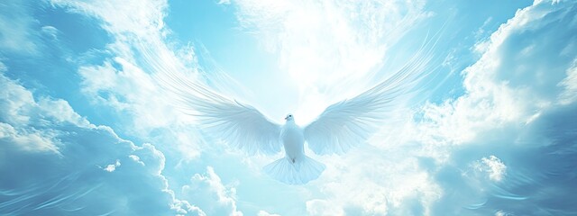Image of a white dove spreading its wings and flying in the blue sky.