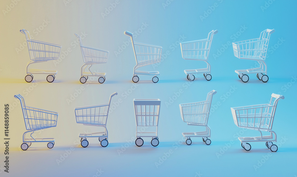 Poster a series of transparent shopping carts arranged in two rows against a gradient background of soft ye