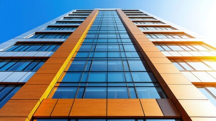 Low angle view of modern glass and wood skyscraper against a bright blue sky.