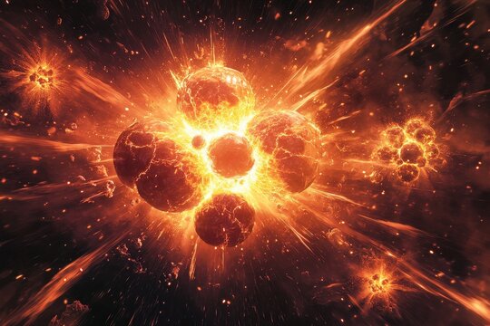 An artistic depiction of atoms splitting with bright energy bursts, symbolizing nuclear fission energy