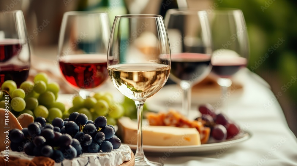 Aufkleber Elegant table setting for wine tasting featuring assorted glasses and a delectable cheese platter with fresh grapes. Generative AI