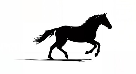 Fast galloping black and white horse casting shadow while art minimalist. silhouette concept.