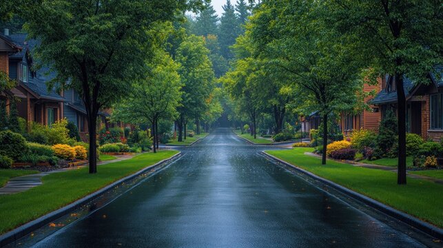 Rainy day on a tree-lined suburban street. - Powered by Adobe