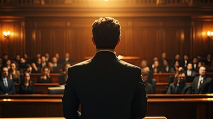 A photograph of a judge standing in front of a courtroom full of trial participants, representing law and justice.