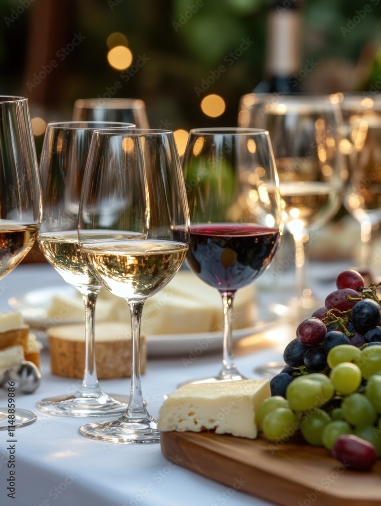 Poster elegant table setting with wine glasses, cheese platter, and grapes for a memorable gathering at sun