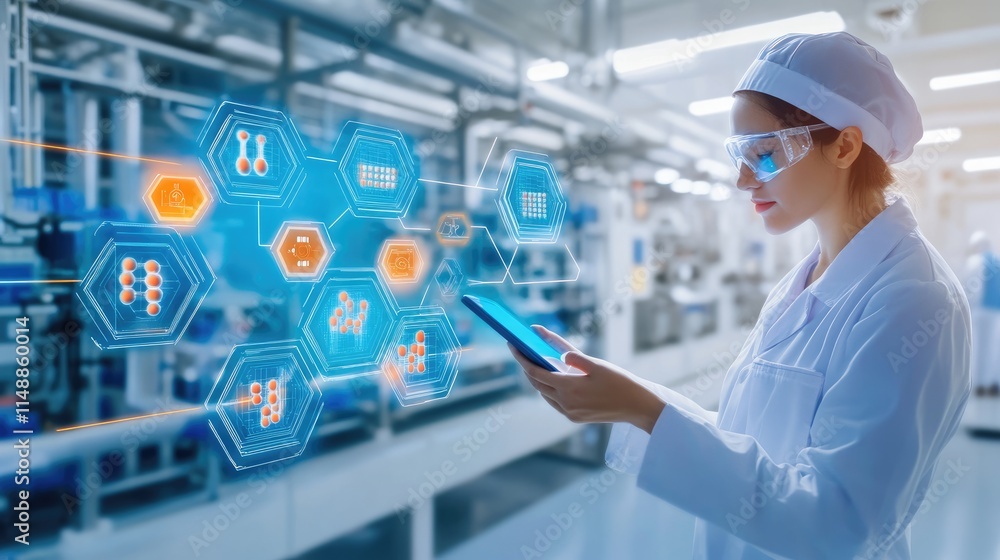 Poster female scientist using tablet in a laboratory filled with advanced technology, analyzing data with b