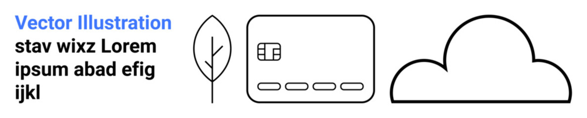 Minimalistic symbols of a leaf, credit card, and cloud on a white background emphasize eco-friendly digital solutions. Ideal for sustainability, fintech, technology, environment, digital