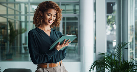Tablet, creative woman and smile with portfolio, research or reading news for publishing in startup...