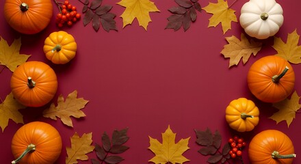 Flat lay featuring pumpkins and leaves on a colored paper background with copy space. Template for fall harvest, Thanksgiving, and Halloween invitation cards. Top view autumn arrangement.