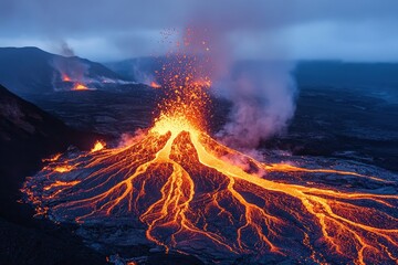 An intricate image of flowing lava generating natural heat energy in an active volcanic region