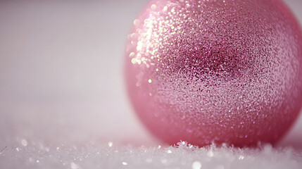 Close-up of a sparkly pink Christmas ornament resting on a bed of artificial snow. The soft focus and bokeh create a festive, dreamy atmosphere.