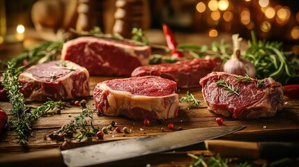 A variety of raw meat, including steaks and roasts, is displayed on wooden boards with herbs and spices, against the backdrop of warm lights in a rustic kitchen.