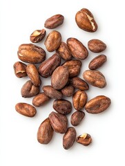 Fototapeta premium Food photography aesthetic scattering cocoa beans on white background - minimalist design