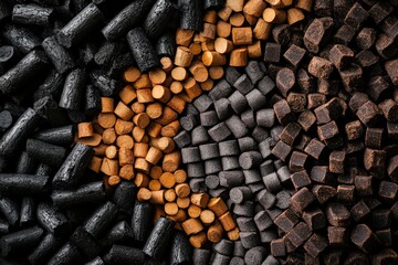 A professional photoshoot of charcoal briquettes and wood pellets arranged in an artistic pattern, symbolizing biomass energy