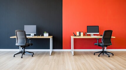 Modern office workspace design with black and red accent walls featuring desktop computers, stylish chairs, and minimalistic decor for productivity