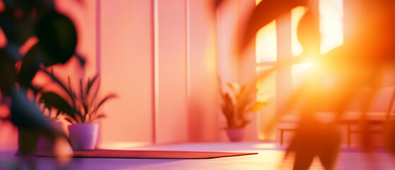 serene indoor space with plants, yoga mat, and warm sunlight