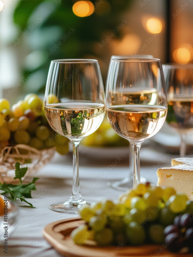 Poster elegant table setting with assorted wine glasses, cheese platter, and fresh grapes for a delightful 