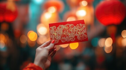 Asian woman holding red envelope for lunar new year celebration
